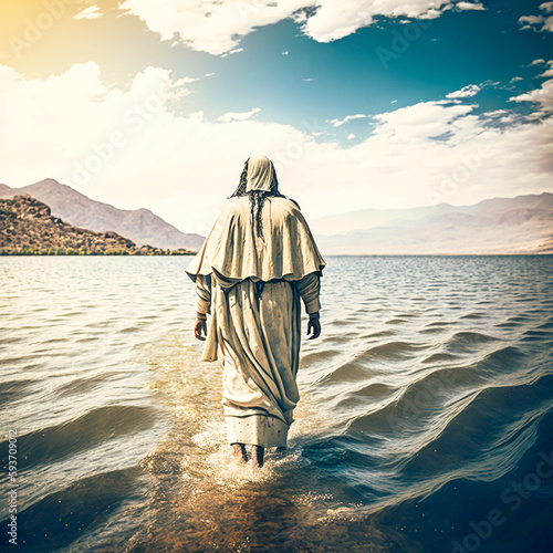 Jesus Christ walking on water on the sea of Galile, generative AI photo