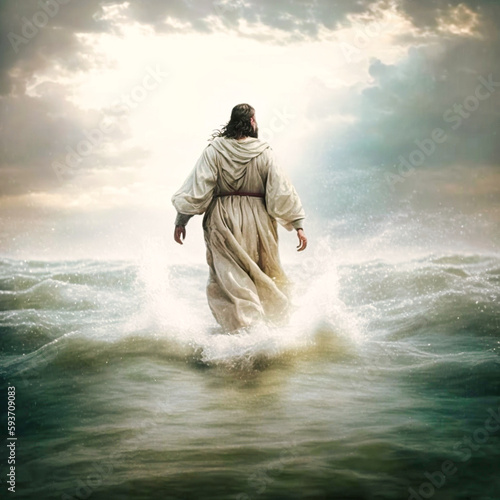 Jesus Christ walking on water on the sea of Galile, generative AI photo