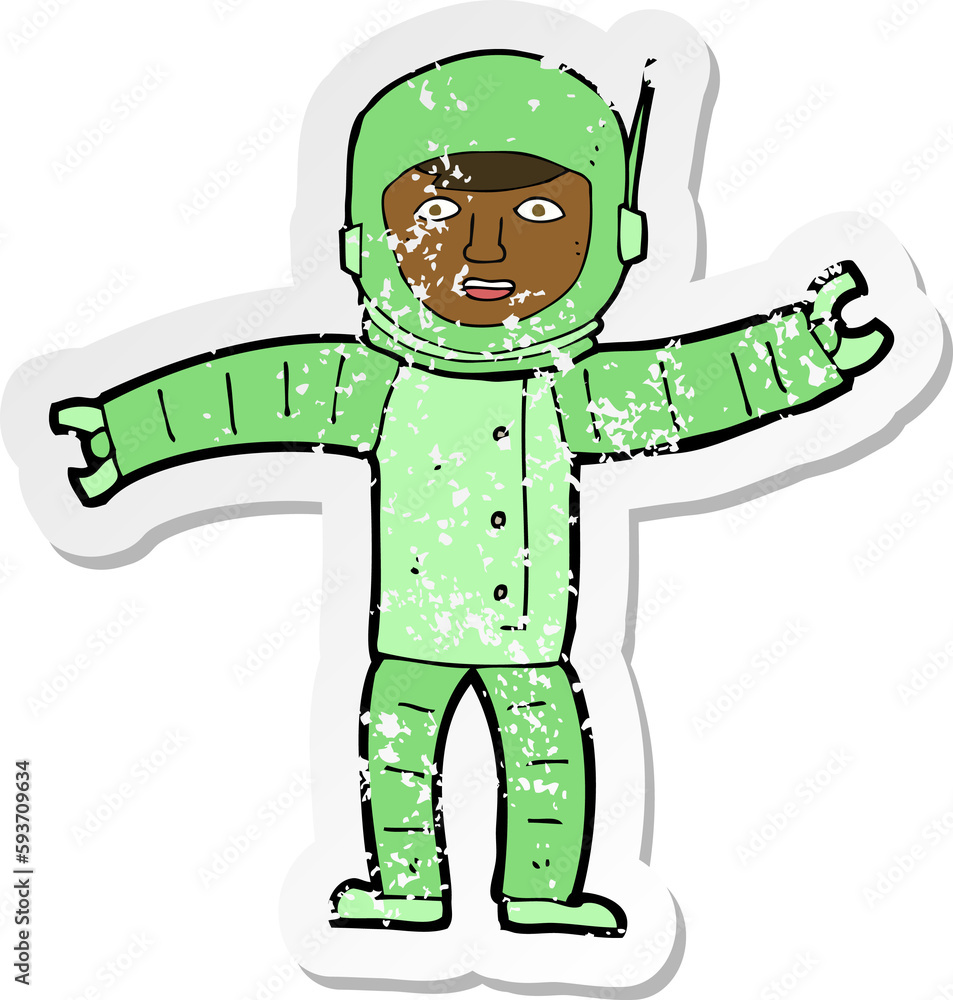 retro distressed sticker of a cartoon space man retro distressed sticker of a cartoon space man