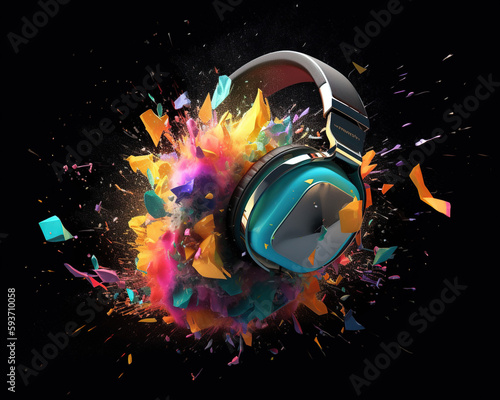 3d illustration of a headphone blasted by colorful liquid