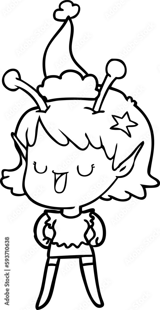 Fototapeta premium happy alien girl line drawing of a wearing santa hat