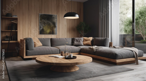 Modern interior design of living room with grey sofa and wooden coffee table © artchvit