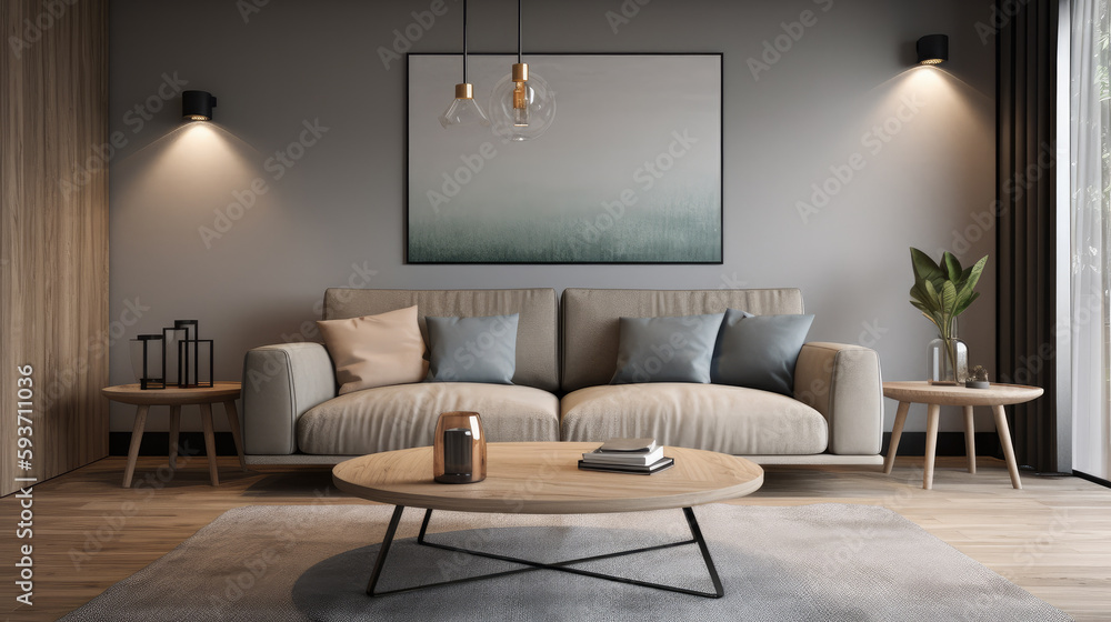 Modern interior design of living room with grey sofa and wooden coffee table Modern interior design of living room with grey sofa and wooden coffee table