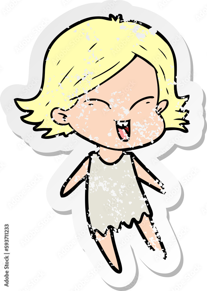 distressed sticker of a happy cartoon girl distressed sticker of a happy cartoon girl