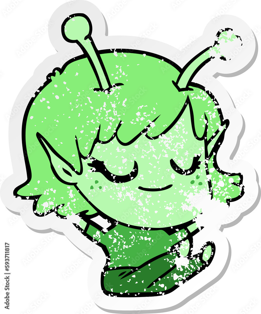 distressed sticker of a smiling alien girl cartoon sitting distressed sticker of a smiling alien girl cartoon sitting