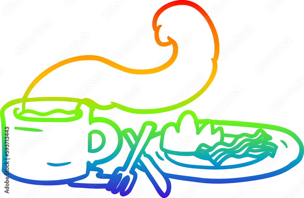 Fototapeta premium rainbow gradient line drawing breakfast of coffee and bacon