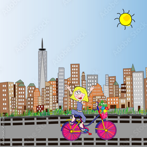 Niña montando en bicicleta en Manhattan, Nueva York.