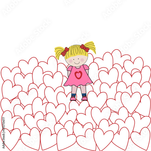 Niña feliz con corazones.