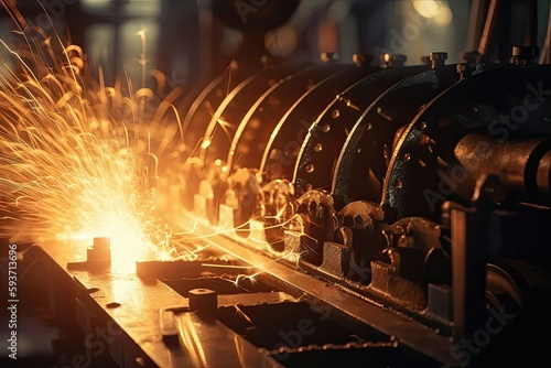 Close-up of industrial equipment or machinery with sparks flying. Generative AI