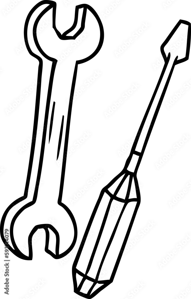 line drawing doodle of a spanner and a screwdriver