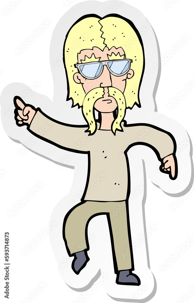 sticker of a cartoon hippie man wearing glasses