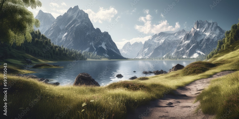 the alps with beautiful lake in front of it, watercolor masterpiece,Generative AI.