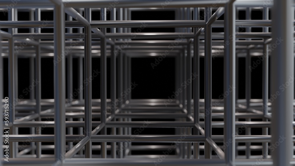 3d cube grid made of rods, lattice network. Array of metal scaffolding. 3d geometric grid. 3d render illustration