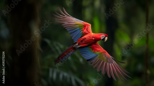 Red hybrid parrot in forest. Macaw parrot flying in dark green vegetation. Rare form Ara macao x Ara ambigua, in tropical forest, Costa Rica. Wildlife scene from tropical nature, Generative Ai
