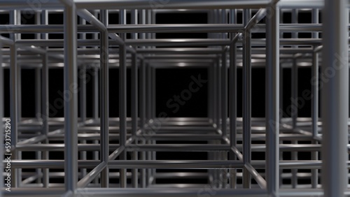 3d cube grid made of rods, lattice network. Array of metal scaffolding. 3d geometric grid. 3d render illustration © vrx123
