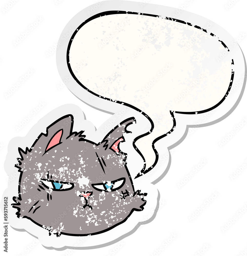 cartoon tough cat face and speech bubble distressed sticker cartoon tough cat face and speech bubble distressed sticker