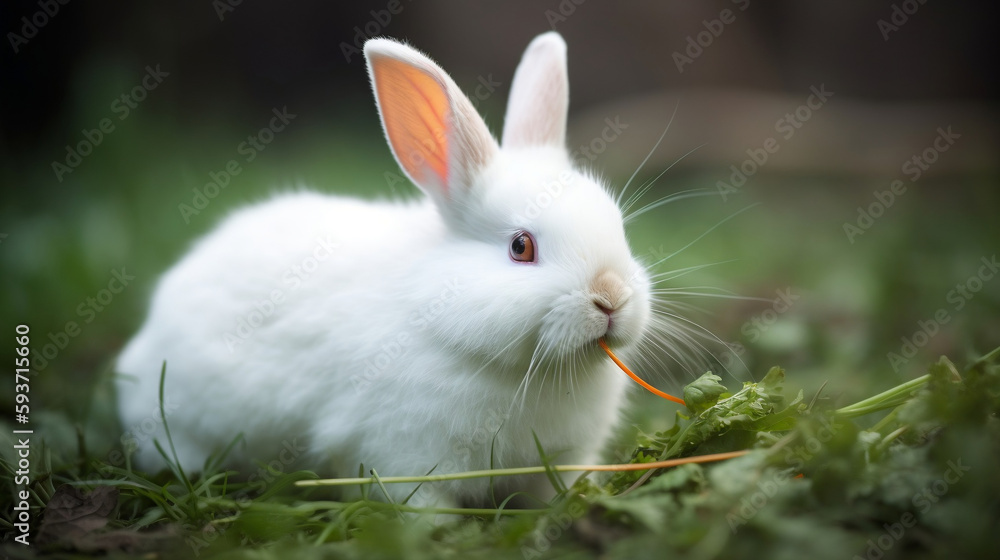 Funny baby white rabbit with a carrot in grass, Generative Ai Funny baby white rabbit with a carrot in grass, Generative Ai