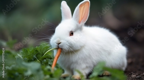 Funny baby white rabbit with a carrot in grass