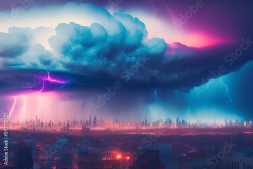 A thunderstorm of color over a city, pale colors, cinematic, ultra realistic - generative ai