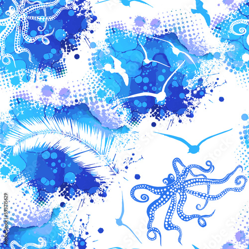 Seamless pattern sea gulls marine inhabitants. Vector illustration