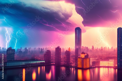 A thunderstorm of color over a city, pale colors, cinematic, ultra realistic - generative ai