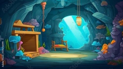 child room interior in the cave with aquarium