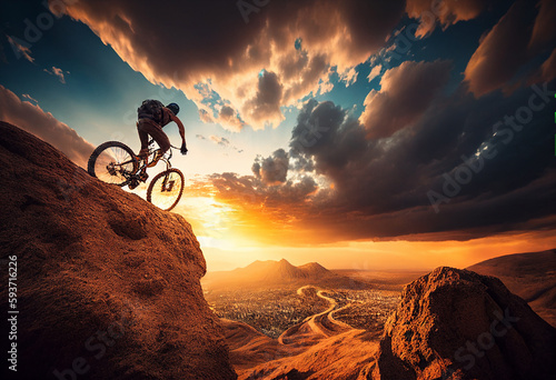 a man extreme mountain biking by sunset jumping of a cliff