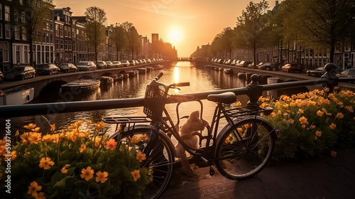 Beautiful sunrise over Amsterdam, The Netherlands, with flowers and bicycles on the bridge in spring, Generative Ai	