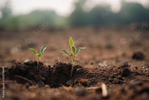 Two plants have planted on dried soil. Generative AI