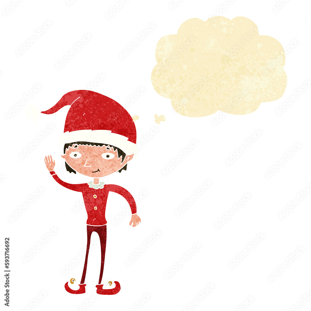 cartoon waving christmas elf with thought bubble cartoon waving christmas elf with thought bubble