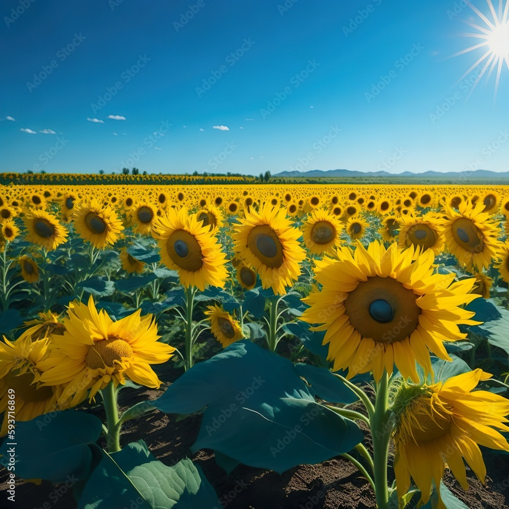 Obraz premium A bright yellow sunflower sways in the gentle summer breeze, its petals reaching towards the sky in a lush green field.Generative AI