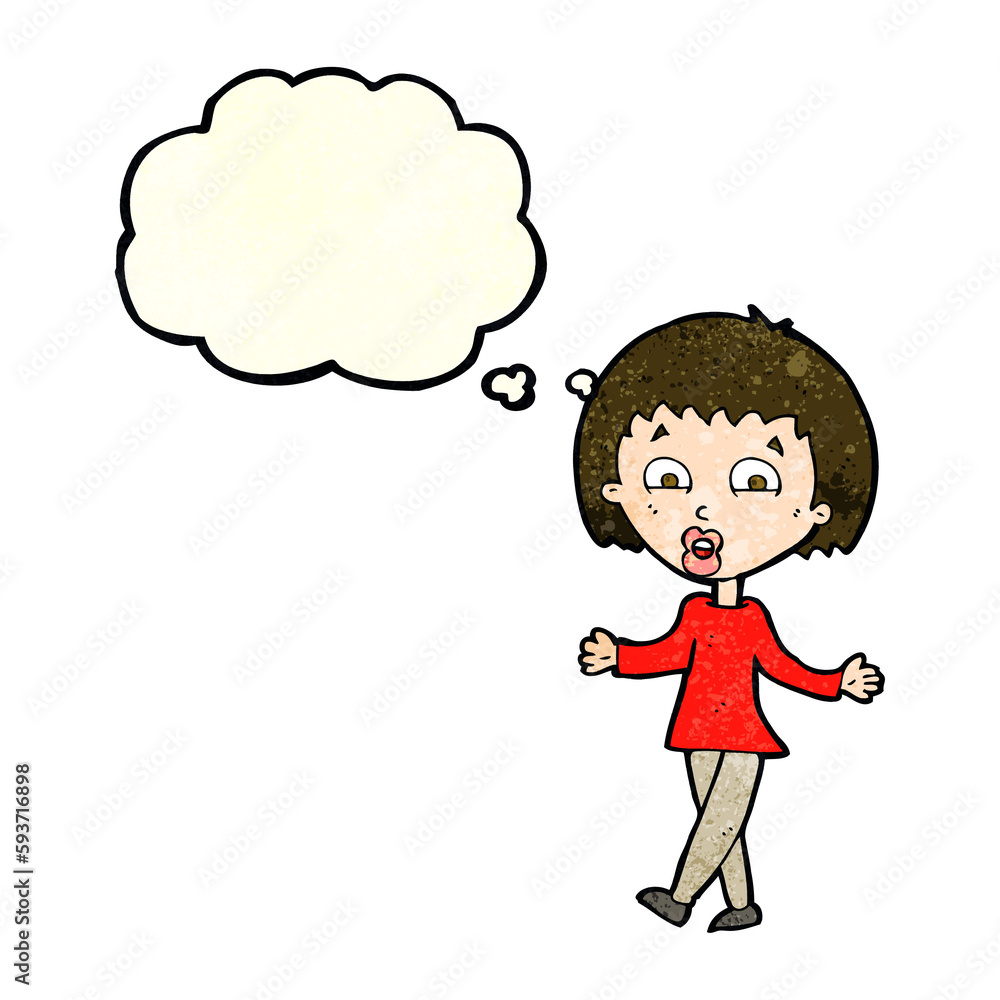 cartoon woman shrugging shoulders with thought bubble cartoon woman shrugging shoulders with thought bubble