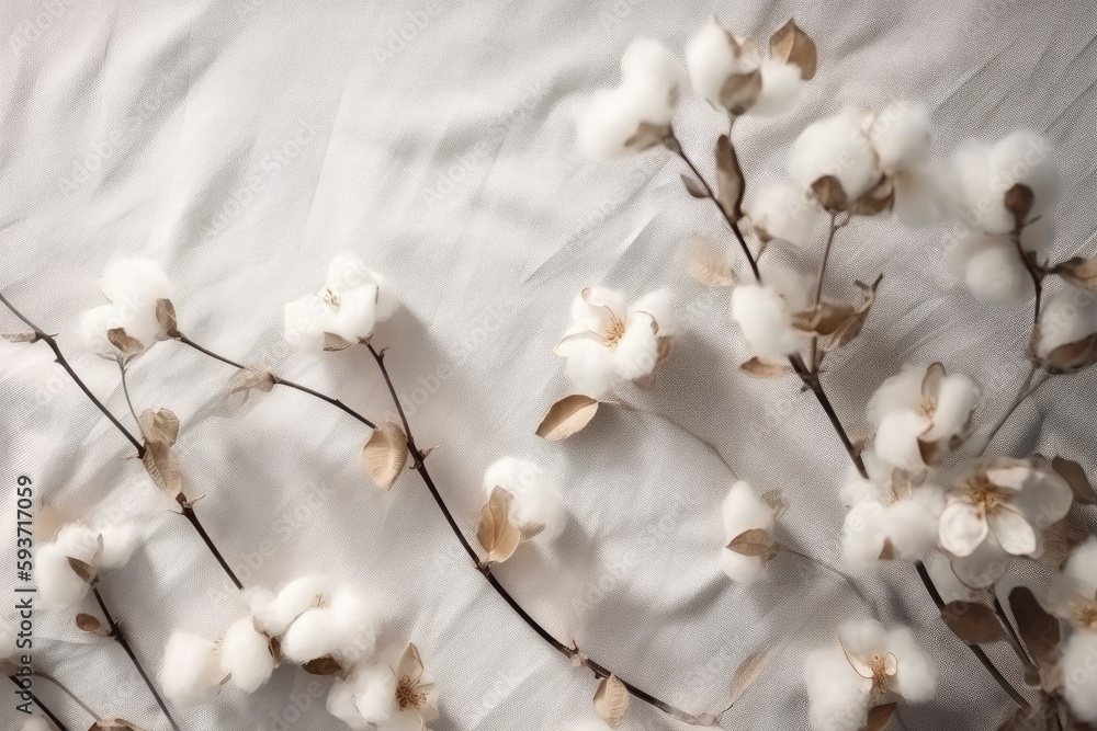 Flat lay Beautiful cotton branch, white and gray fabric on boho background top view copy space. Natural cotton fabric texture. Dreamy white cotton flowers - Generative AI Flat lay Beautiful cotton branch, white and gray fabric on boho background top view copy space. Natural cotton fabric texture. Dreamy white cotton flowers - Generative AI