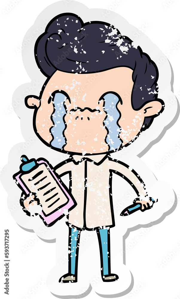 distressed sticker of a cartoon man crying distressed sticker of a cartoon man crying