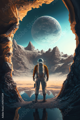 Leinwand Poster Astronaut exploring a surreal landscape