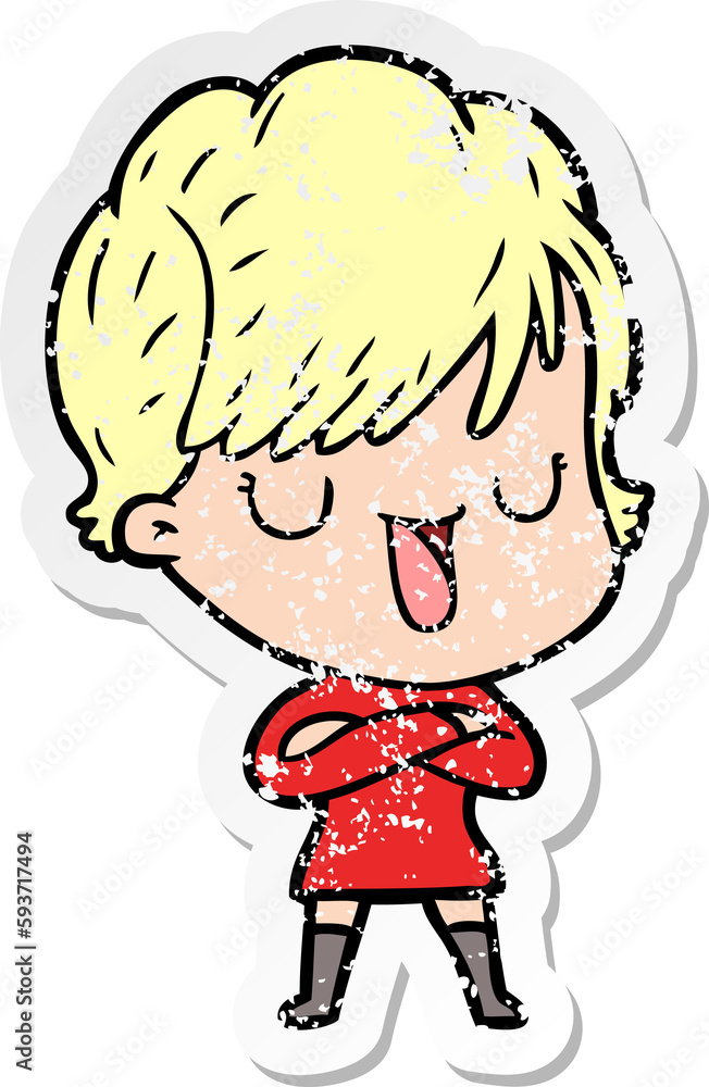distressed sticker of a cartoon woman talking distressed sticker of a cartoon woman talking