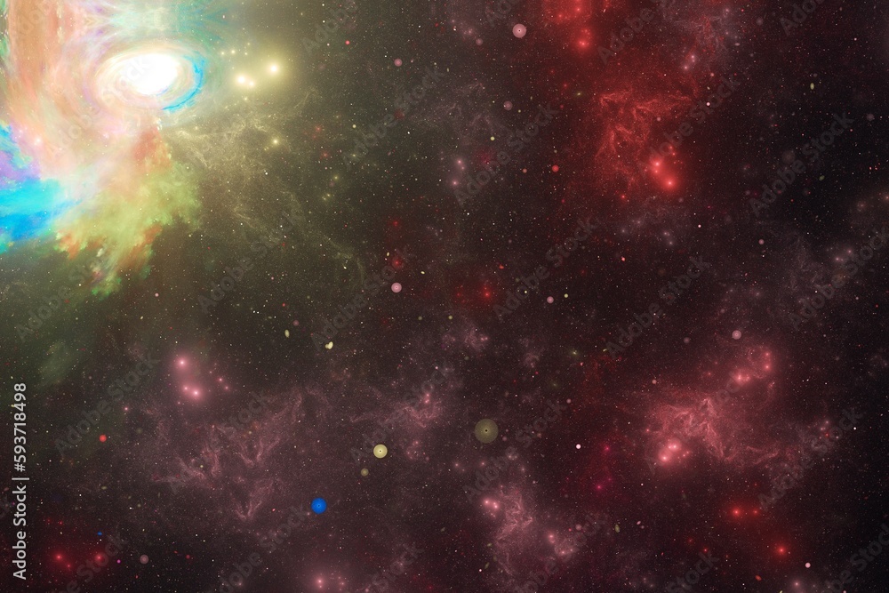 Red multicolored glowing clouds of stardust in black space. Abstract fractal 3D rendering