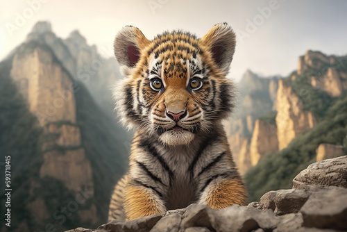 tiger cub on the background of nature, mountains, ai art 