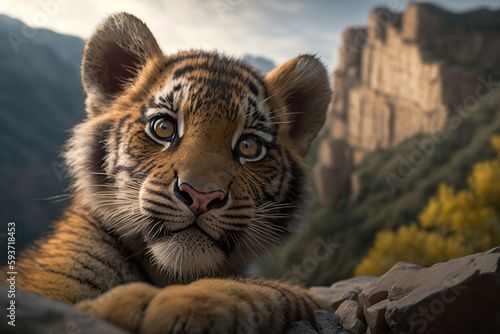 tiger cub on the background of nature  mountains  ai art 