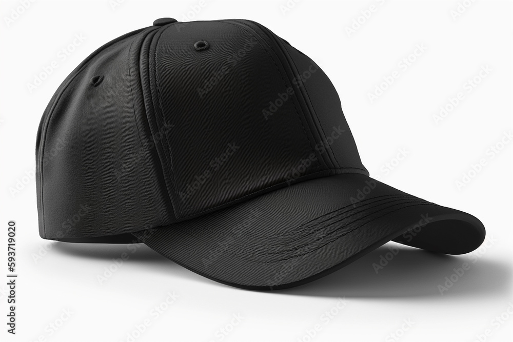 Black baseball cap mockup on white background, side view, snapback cap template Black baseball cap mockup on white background, side view, snapback cap template
