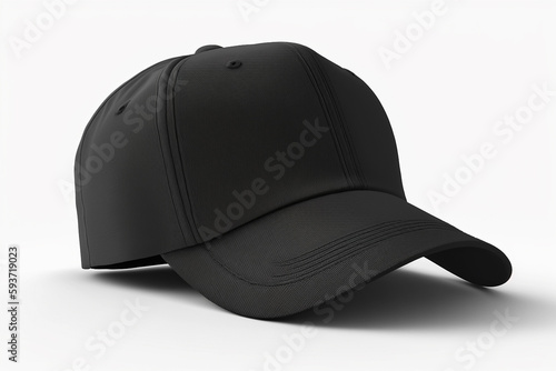 Black baseball cap mockup on white background, side view, snapback cap template