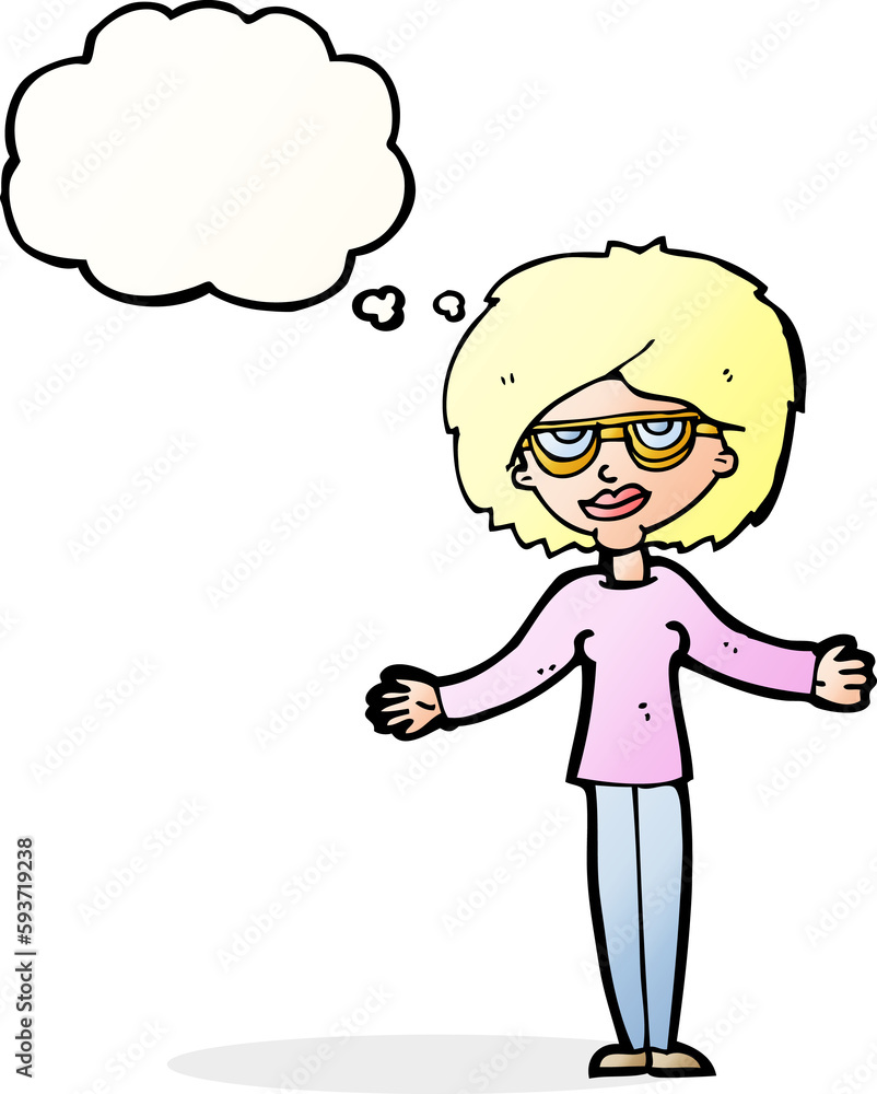 cartoon woman wearing spectacles with thought bubble cartoon woman wearing spectacles with thought bubble