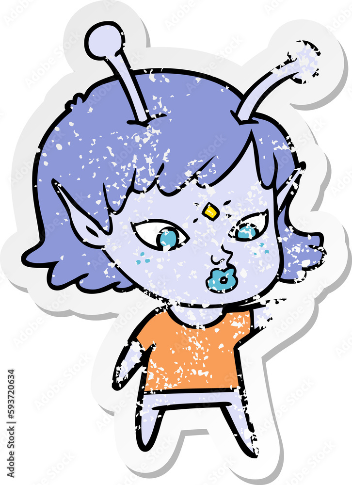 distressed sticker of a pretty cartoon alien girl distressed sticker of a pretty cartoon alien girl