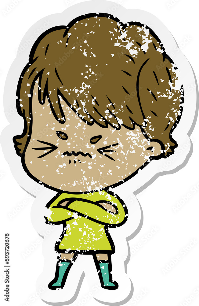 distressed sticker of a cartoon frustrated woman distressed sticker of a cartoon frustrated woman