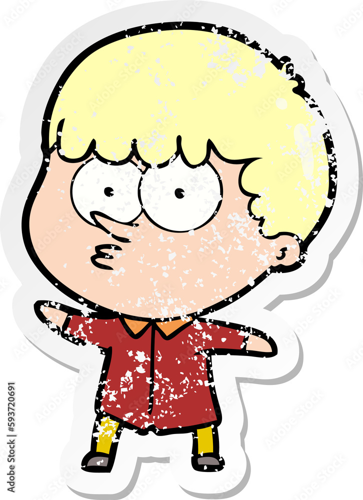 distressed sticker of a cartoon curious boy distressed sticker of a cartoon curious boy