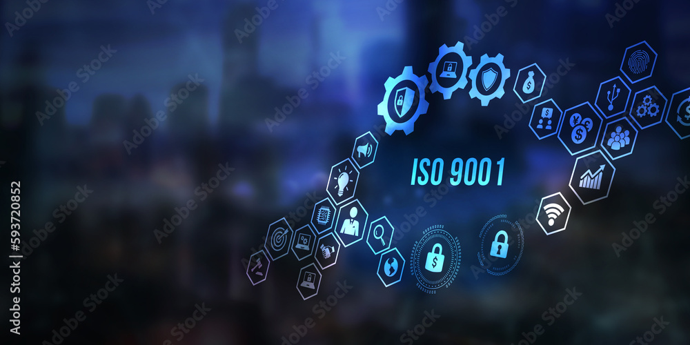Internet, business, Technology and network concept. Virtual screen of the future with the inscription: ISO 9001. 3d illustration Internet, business, Technology and network concept. Virtual screen of the future with the inscription: ISO 9001. 3d illustration