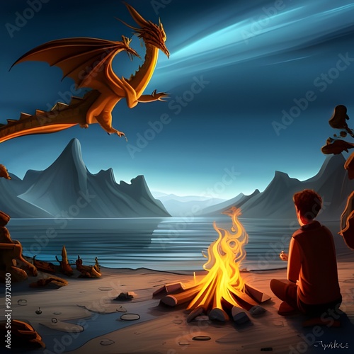 AI Generated photos of dragons eggs,dragons and fanatasy dragons across campfires 