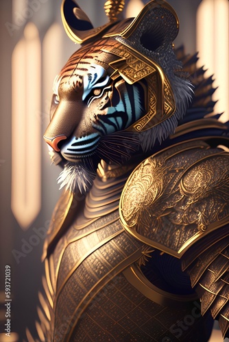 anthropomorphic majestic tiger knight, finely detailed armor, intricate filigree metal design, octane rendering - generative ai