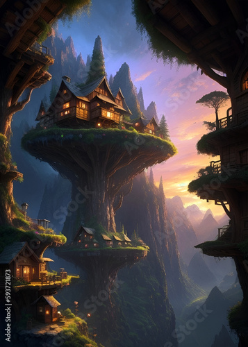valley_fairytale_treehouse_village_covered_matte, generated by AI.