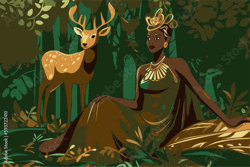 Black Artemis or Diana in golden dress with deer, Greek / roman godess of hunt, moon and women